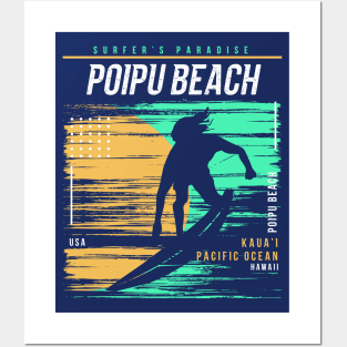 Retro Surfing Poipu Beach Kauai Hawaii // Vintage Surfer Beach // Surfer's Paradise Posters and Art